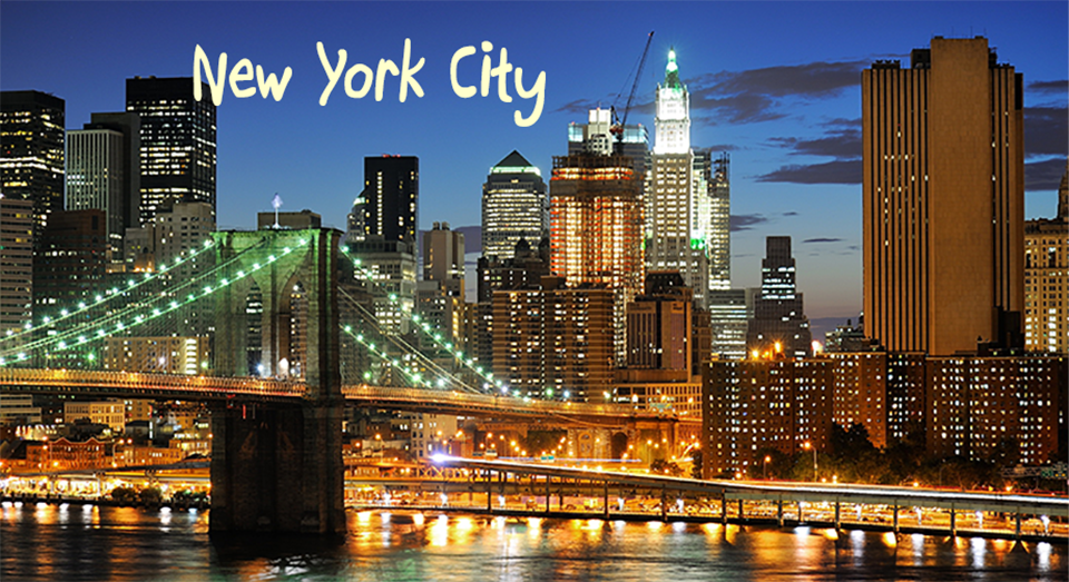 American International Tours Photo of New York City. PNG Image of New York City and the Brooklyn Bridge taken at dusk