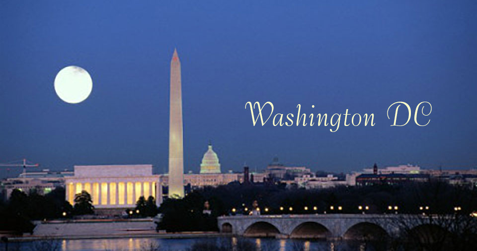 American International Tours Photo of Washington DC PNG Image of the Lincoln Memorial, Washington Monument and the US Capitol Building in Washington DC under a full moon